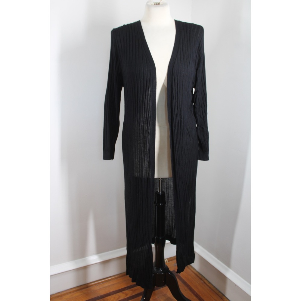 Joan Vass L Black Rib Knit Duster Cardigan Longline Open Front Side Slit Sweater